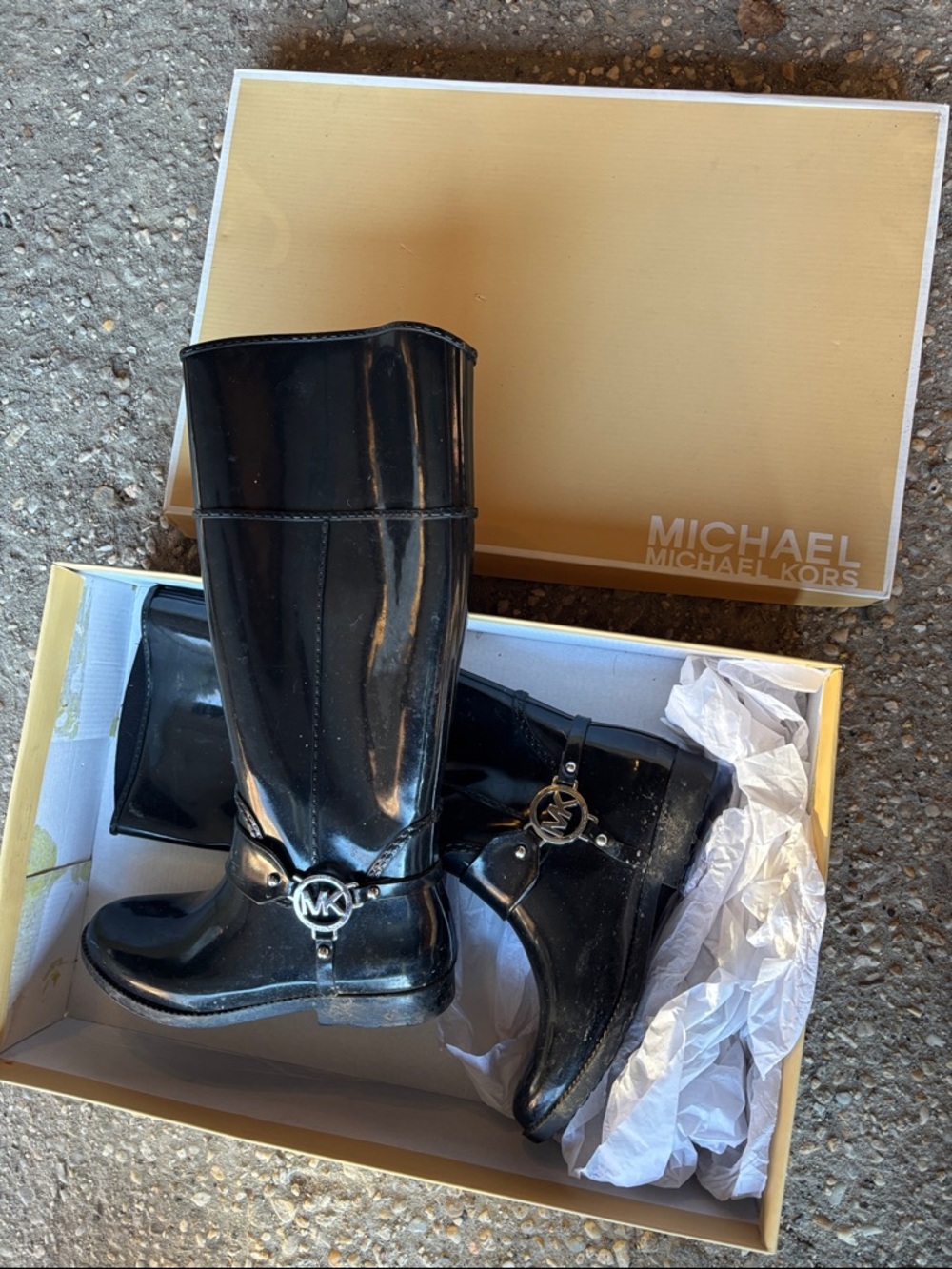Michael Kors Black Patent MK Charm Rain Boots